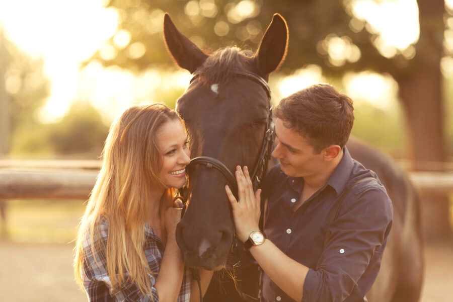 Photo of a Couple Embracing a Horse Before Horseback Riding in Manitoba